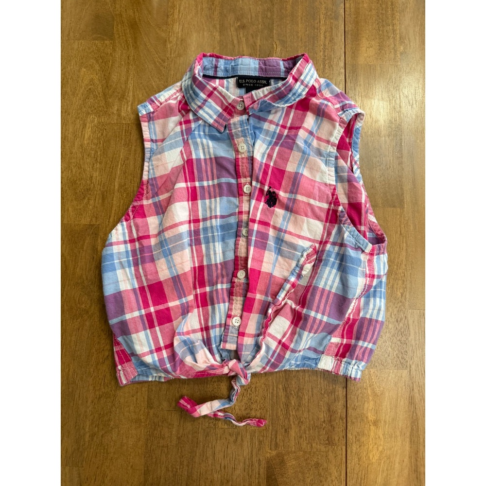 US Polo Assn Womens Pink Blue Plaid Sleeveless Tie Front Button Down Shirt M